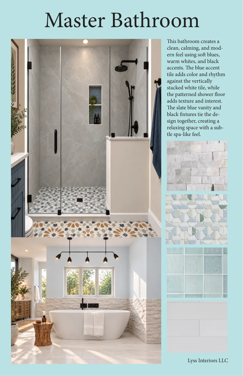 Kosmo Project master bathroom design board with shower and freestanding bathtub concepts