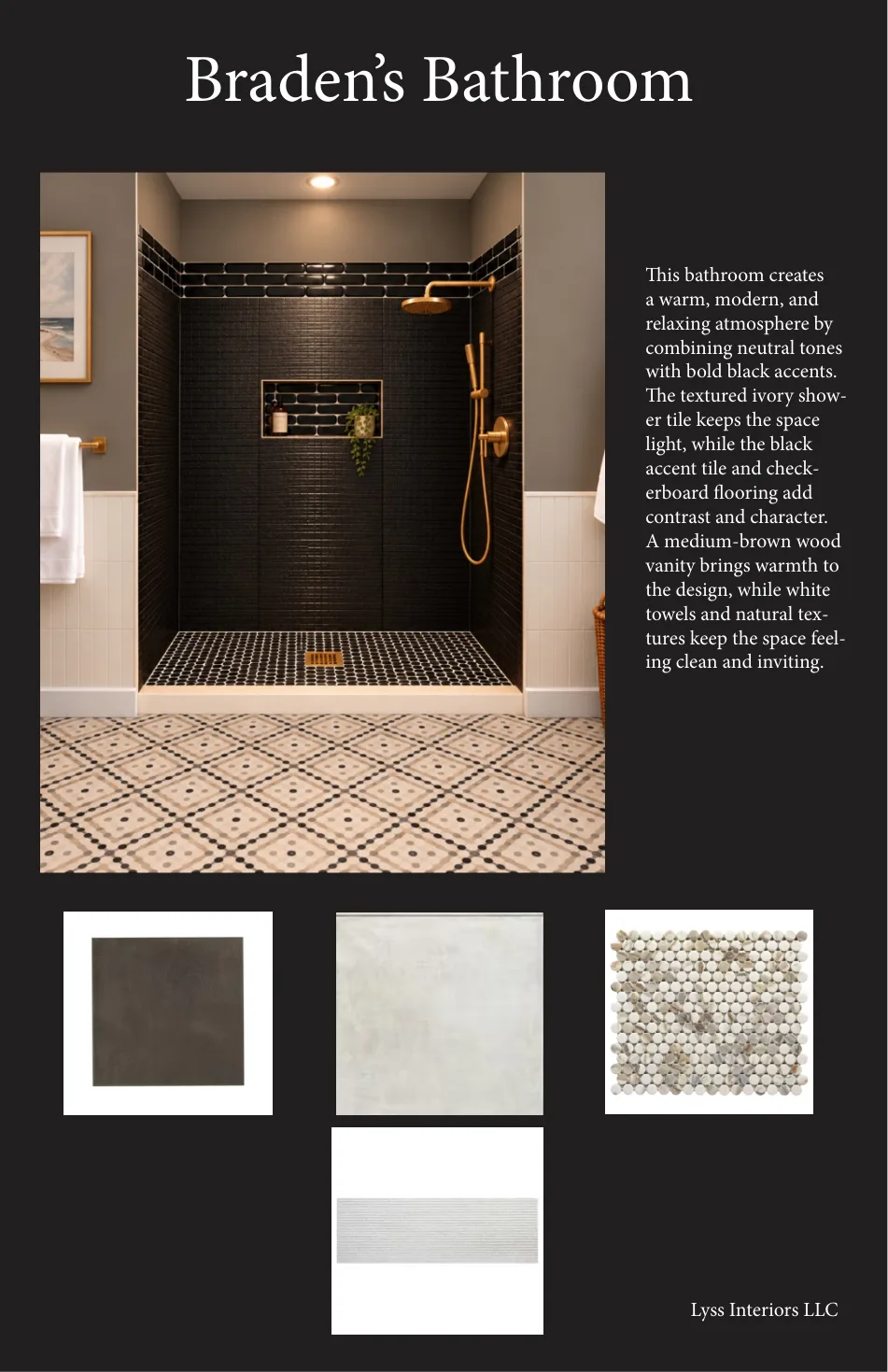 Kosmo Project Braden's Bathroom design board with dark shower tile and patterned flooring