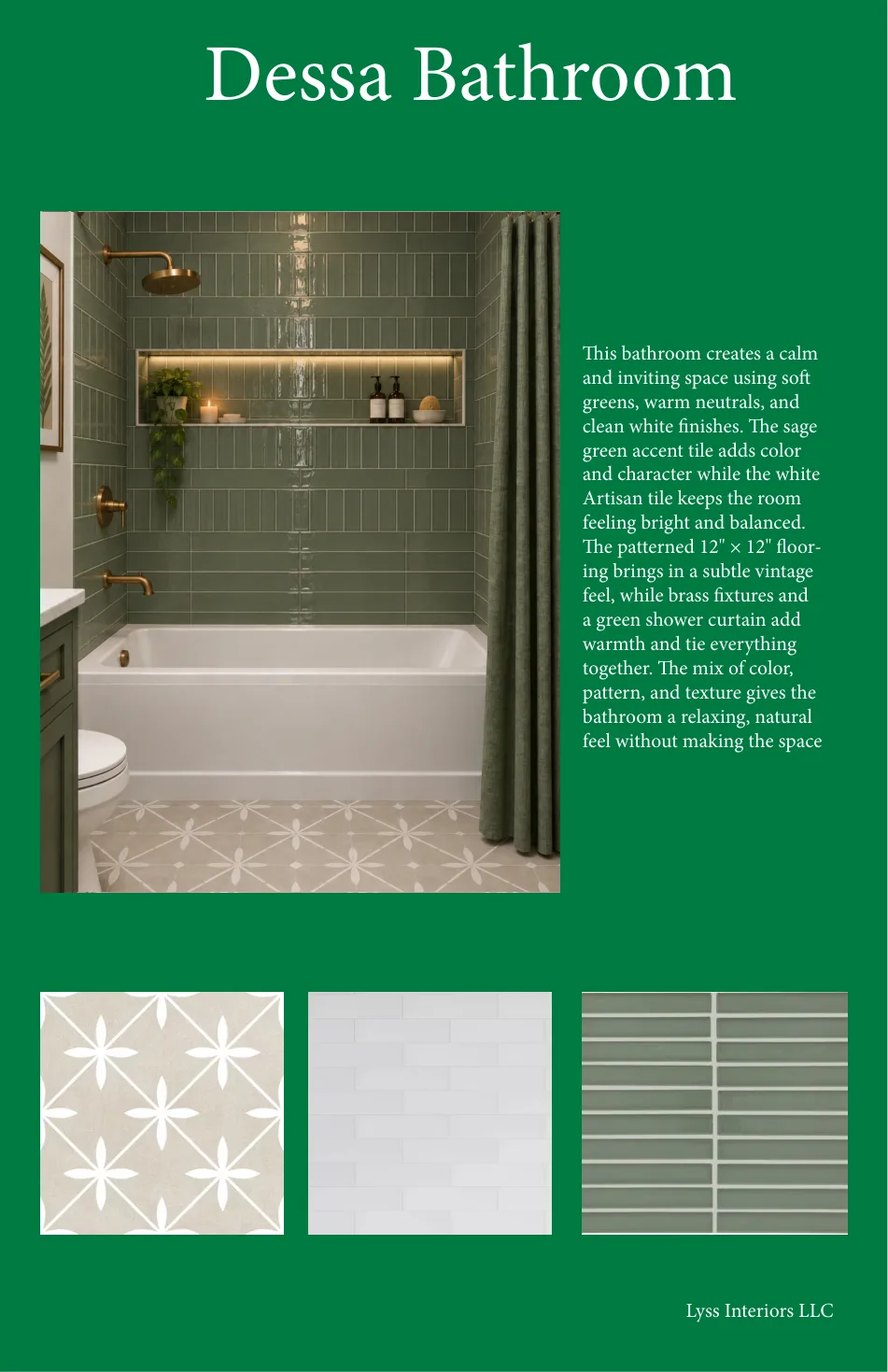 Kosmo Project Dessa Bathroom design board with sage-green tub surround and patterned flooring