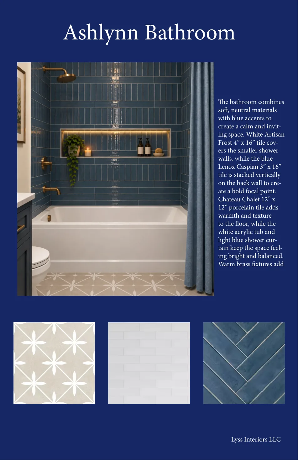 Kosmo Project Ashlynn Bathroom design board with blue tile tub surround