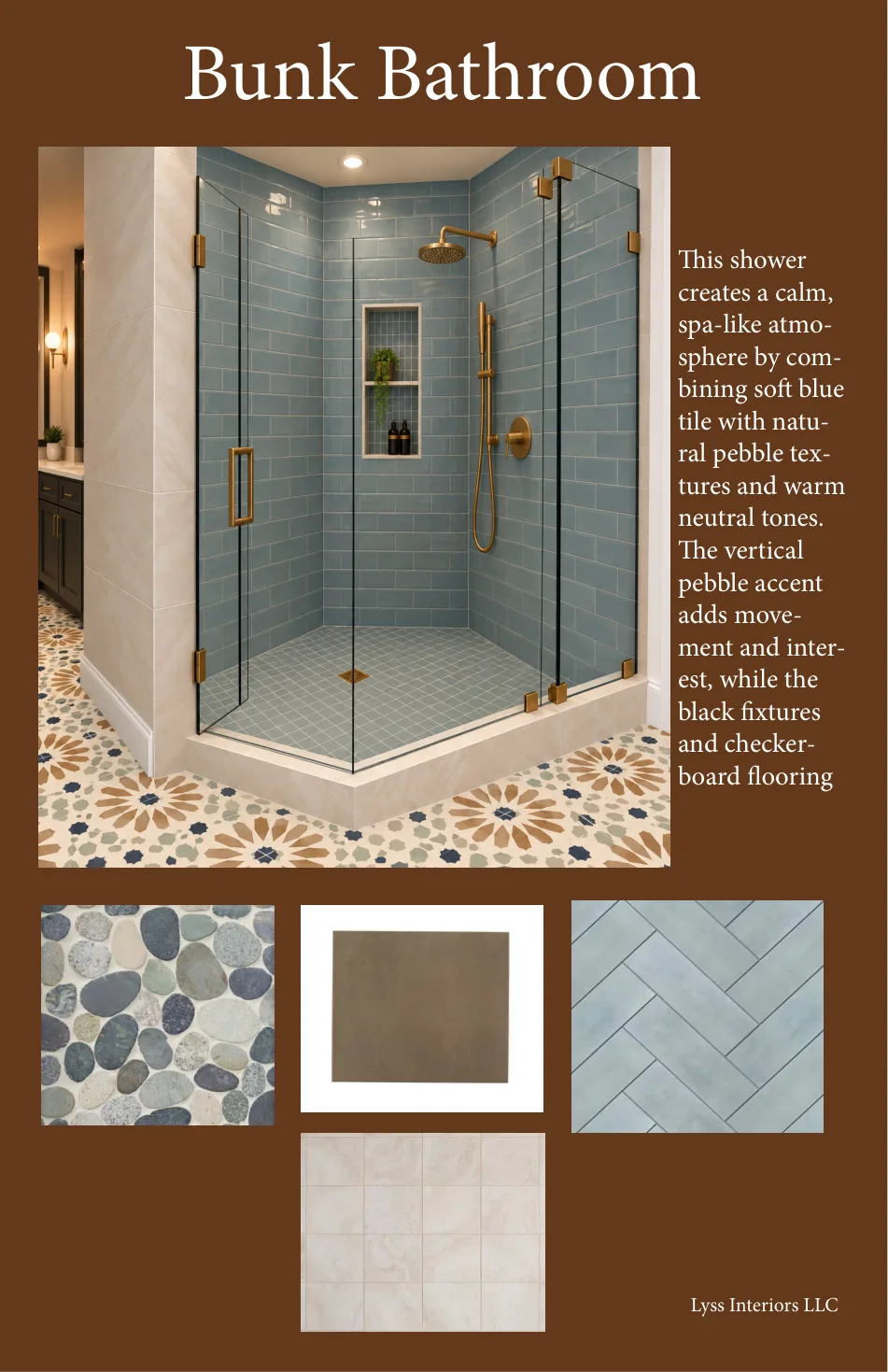 Kosmo Project bunk bathroom design board with blue tiled shower and material samples